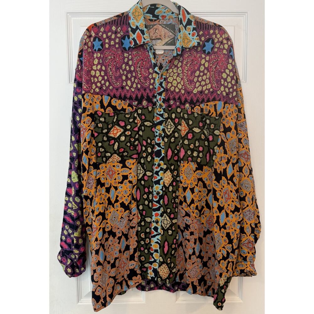 Uluwatu Mini Shirt Dress Size 2 Artsy Button Up Patchwork Geometric Boho Pockets